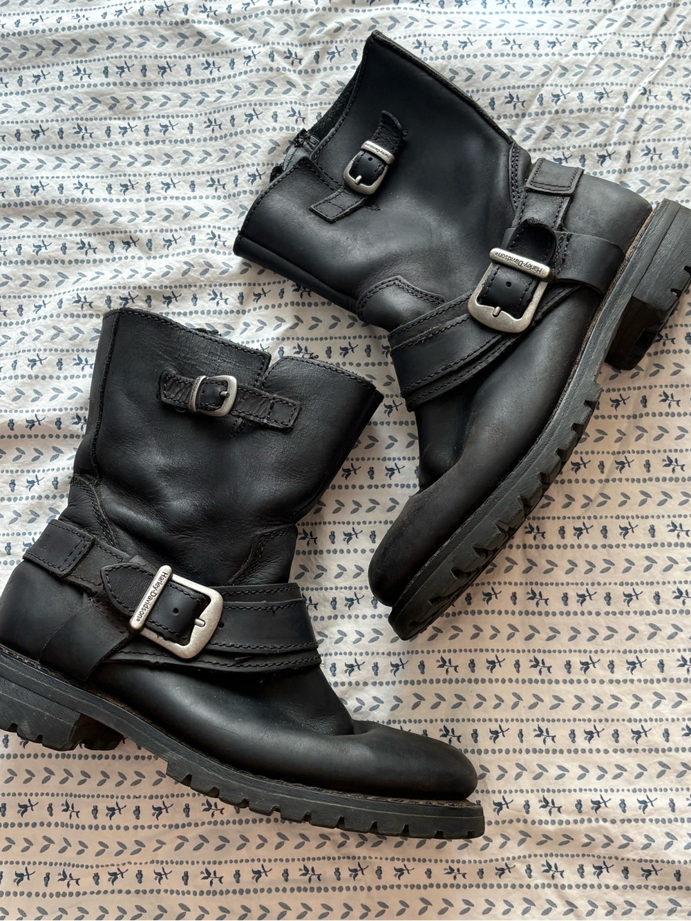 Harley-Davidson Black Leather Combat Moto Boots with Silver Buckles